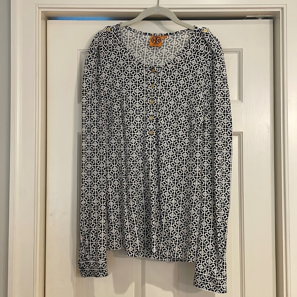 Tory Burch Navy white long-sleeved rayon blouse with gold button detail. Size L.